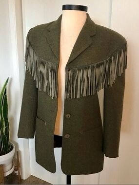 Vintage Max Studio wool fringe blazer western riding jacket olive green